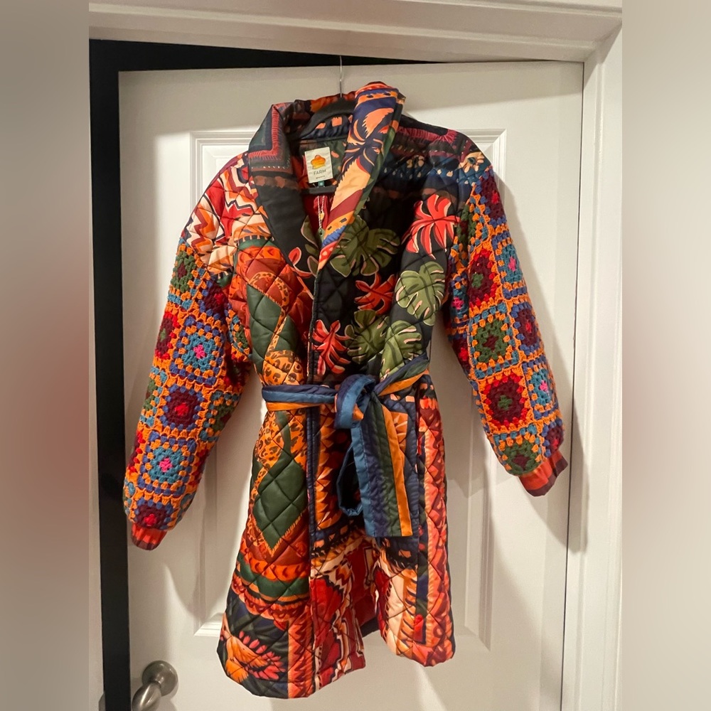 Farm Rio Patchwork Tapestry Crochet-Sleeve Puffer Jacket